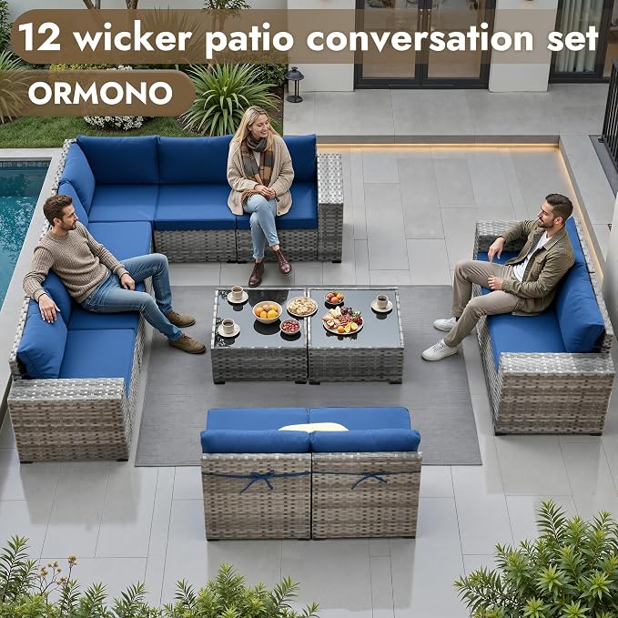 12 Pieces Patio Furniture Set, Wicker Outdoor Sectional Sofa with Coffee Table Comfy Cushions, Modern Modular Deep Seat Rattan Couch Conversation Set for Backyard Porch Yard,Navy Blue