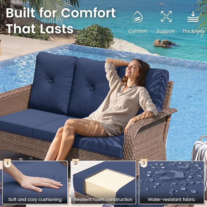 UDPATIO Patio Furniture Set with 44" Fire Pit Table, High Back 4 Swivel Rocker Chairs, Wicker Outdoor Conversation Sets with Thick Cushions & Ottoman, for Garden, Porch