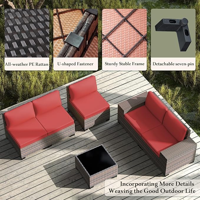 7 PCS Outdoor Patio Furniture Set,Outdoor Sectional Furniture with 43" 55000 BTU Gas Propane Fire Pit Table,All Weather PE Rattan Wicker Patio Conversation Set,Red