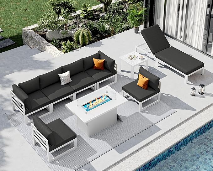 NICESOUL 9 Piece Large Modern Aluminum Outdoor Seating with Lounger & Fire Pit, 29" Deep Wide Seat, 500 lbs Durable Sectional Sofa for Heavy People, Anti-Rust Patio Furniture Set for Garden, Dark Grey