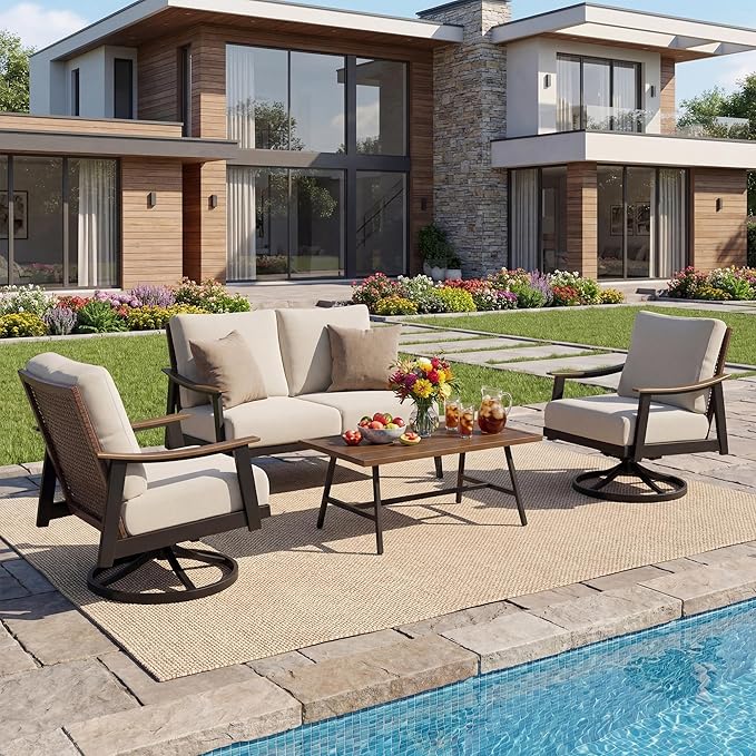 NATURAL EXPRESSIONS Patio Conversation Sets for 4, Wicker Patio Furniture Set with 6" Olefin Cushions, Outdoor Furniture Set with for Patio, Garden, Backyard
