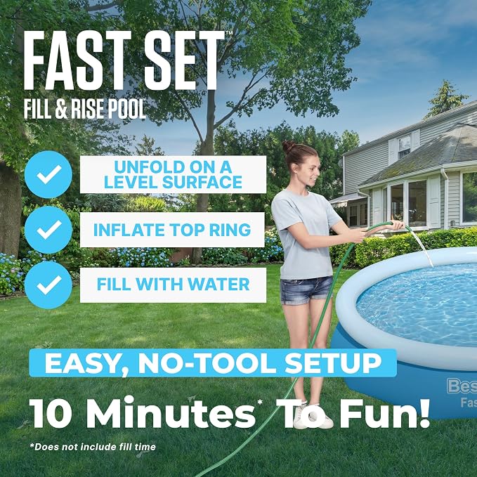 Bestway Fast Set 10' x 26" Above Ground Pool, Round Inflatable Ring Top Outdoor Swimming Pool