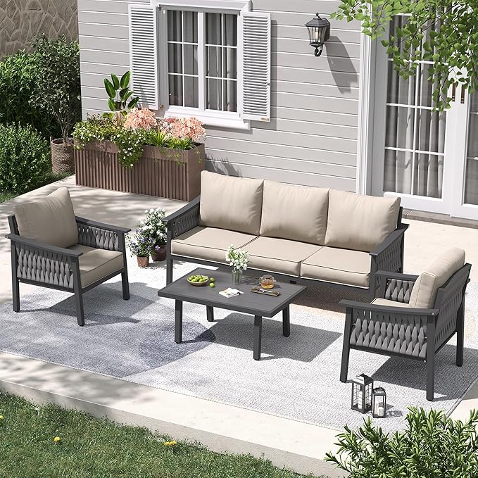 UDPATIO Aluminum Patio Furniture Set with Coffee Table, 4 Piece Modern Aluminum Outdoor Furniture Set, PE Rope Patio Conversation Sets with Thickend Cushions, for Porch, Backyard, Balcony, Beige