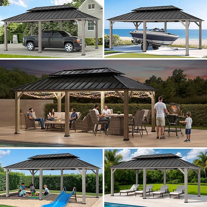 Sunjoy 12 x 20 ft. Wood Gazebo, Outdoor Patio Steel Hardtop Gazebo, Cedar Framed Wooden Gazebo with 2-Tier Metal Roof, Suitable for Patios, Lawn and Backyard, Matte Black Roof + Gray Wood Frame