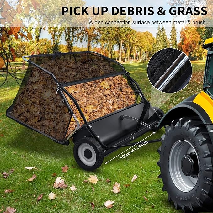 44 Inch Tow Behind Lawn Sweeper - Heavy Duty Adjustable Height Pull Behind Lawn Sweeper, 25 cu. ft Large Capacity Leaf & Grass Collector Hopper for Yard, Lawns, Farm （US Fast Arrival）