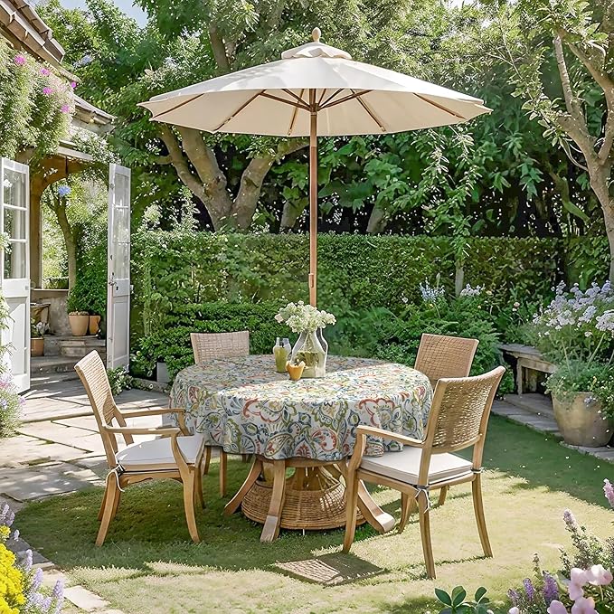 DYTXIII Outdoor Round Tablecloth with Umbrella Hole 60 Inch, Water Repellent & Fade Resistant Table Cover, All Weather Outdoor Tablecloth for Garden & Party Table, Paisley Botanical