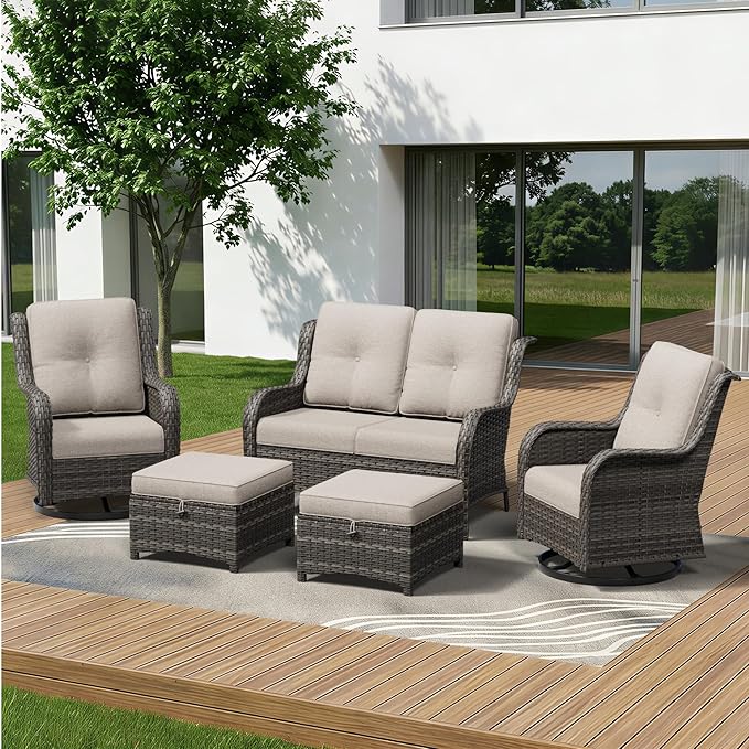 5 Piece Outdoor Wicker Patio Furniture Set, Outdoor Swivel Rocker Patio Chairs Set with Thickened Olefin Cushions, High Back and Deep Seating, Hand-Woven PE Rattan for Porch, Deck
