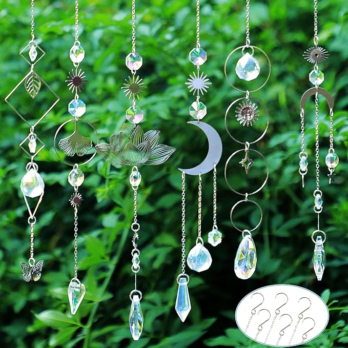 Sun Catchers, 6 Pcs Colorful Suncatchers Decorative Hanging Crystal Prism | Rainbow Maker with Silver Moon Sun Metal Forms Suncatcher Kit for Window Indoor Outdoor Car Mirror Decor Xmas Gift