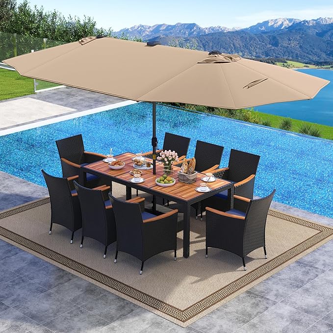 Tangkula 11 Pieces Patio Dining Set with Double-Sided Led Patio Umbrella (Base Included), with 8 Stackable Chairs, Acacia Wood Dining Table and Large Umbrella with Solar Lights (Coffee + Navy)