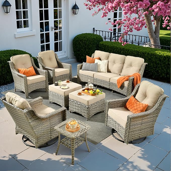 8 PCS Outdoor Patio Furniture Sets,Patio Conversation Sets Outside Rattan Soft Cushion Sofa with 2 Wicker Rocking Chairs Soft Cushion Fit Backyard Porch Garden Poolside Balcony,Beige