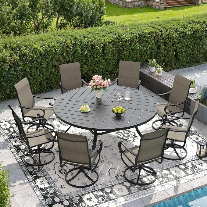 DIFY 9 Piece Outdoor Dining Set for 8, 59.8" Black Round Metal Dining Table with Umbrella Hole and Swivel Patio Chairs with Brown Textilene Fabric, Patio Table and Chairs Set for Garden Backyard Deck