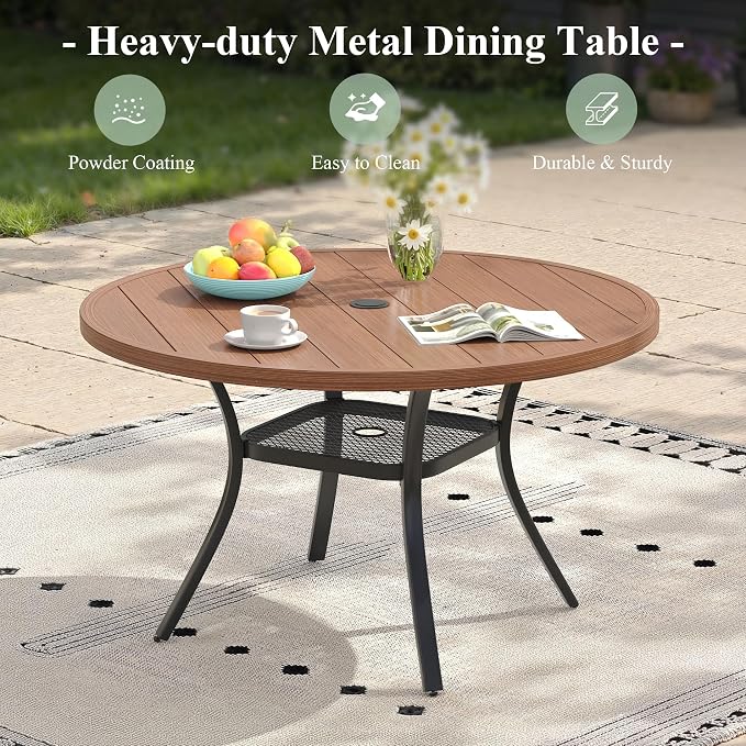 5 Pieces Patio Dining Set, 4 Outdoor Swivel Dining Chairs with 40.6" Round Metal Outdoor Dining Table with Umbrella Hole for Garden Backyard Deck, Mixed Brown & Walnut