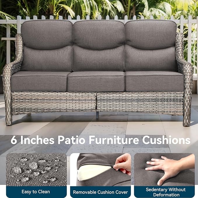 Luxury High Back Outdoor Furniture with 6-Inch Thick Cushions, Patio Furniture Set with Swivel Chairs, 6 PCS Wicker Conversation Set for Porch, Balcony, Deck and Yard