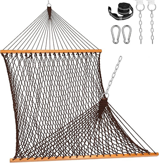 Lazy Daze Hammocks Double Rope Hammock, 2 Person Traditional Outdoor Hand Woven Cotton Rope Hammock with Spreader Bar, Carabiners, Tree Straps, Chains for Patio Yard - Max 450 Lbs, Dark Brown