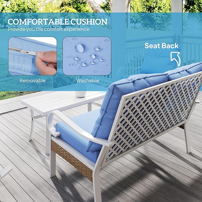 Outsunny 4 Piece Patio Furniture Set for Backyard, Lawn and Pool, Outdoor Conversation Set with Loveseat Sofa, Rocking Chairs, Coffee Table, Light Blue