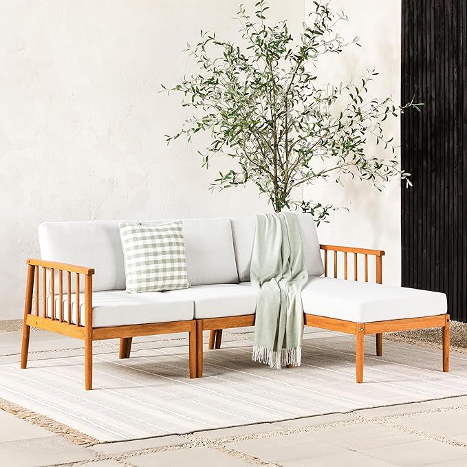 Walker Edison Dekian Modern 3-Piece Spindle-Side Solid Acacia Patio Sectional, Brown