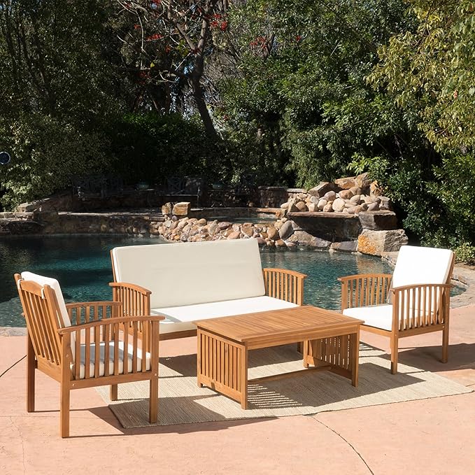Merax Patio Furniture Set, 4 Pieces Outdoor Acacia Wood Conversation Sets with Coffee Table & Cushions, Garden Conversation Bistro Sets for Patio, Lawn, Yard, Pool or Backyard, Brown