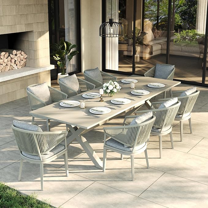 LayinSun 9 Piece Outdoor Dining Table Set, Aluminum Modern Rectangular Dining Table and All-Weather Wicker Chairs Set for Patio Deck Indoor Decor Kitchen