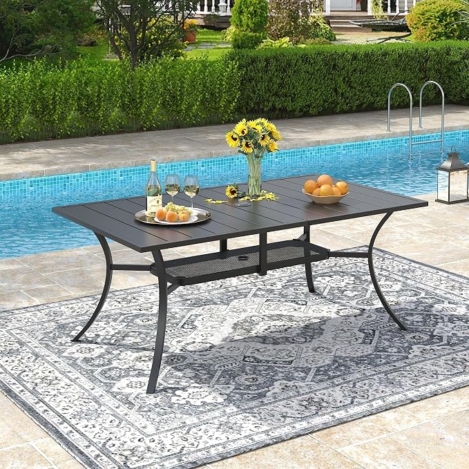 VICLLAX Rectangle Patio Dining Table for 6 Person, Outdoor Metal Steel Slat Table with Umbrella Hole for Patio, Lawn, Garden, Porch, Black