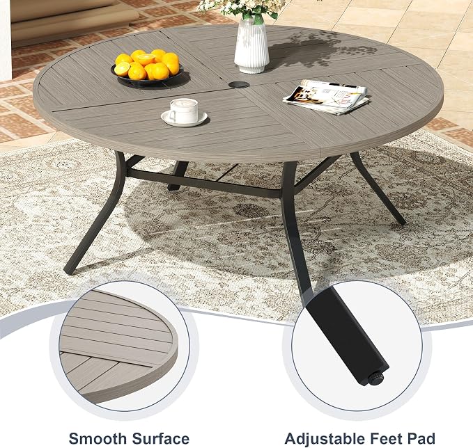 VICLLAX 60" Round Patio Dining Table for 8-10, All Weather Metal Outdoor Table with 1.57" Umbrella Hole and Surdy Frame for Garden Lawn Deck, Grey