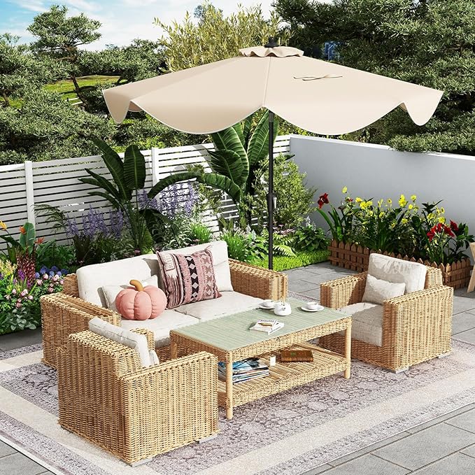 HAPPYGRILL 9 FT Patio Umbrella with Ruffled Edges, Outdoor Table Umbrella with Push Button Tilt, Crank, 8 Ribs, Heavy-Duty Market Sunshade for Yard Garden Pool