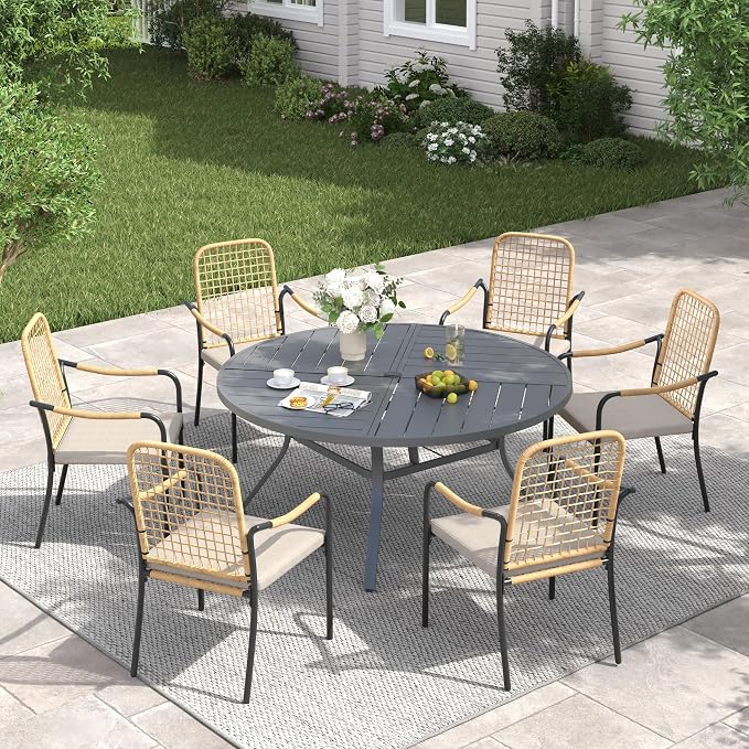 VICLLAX 50" Round Patio Table with Umbrella Hole, All Weather Metal Outdoor Dining Table for 6, Outside Table with Storage Shelf for Lawn Garden, Grey