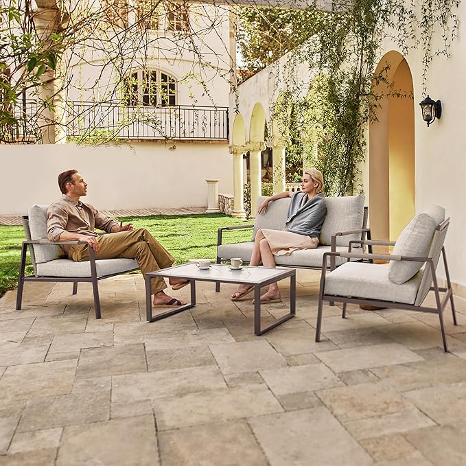 East Oak 4-Piece Patio Furniture Set with Thick Cushions, 2025 Coast Patio Conversation Set,4 Seats Waterproof Outdoor Patio Set with Rattan Armrests, Loveseat and Coffee Table for Backyard, Apricot