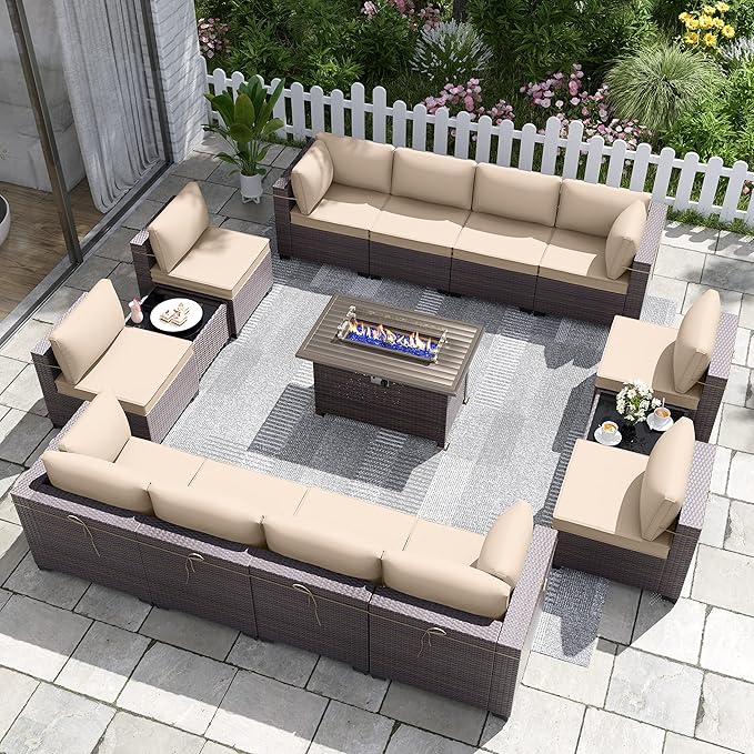 Patio Furniture Set with Fire Pit Table 15 PCS Outdoor Sectional Furniture Rattan Patio Conversation Set with 43in Propane Gas Fire Pit Table and Glass Table, Sand