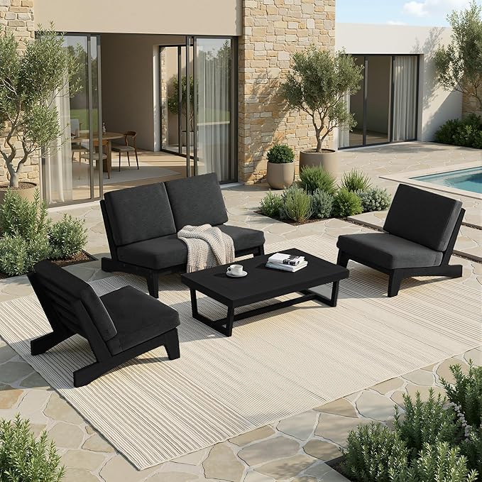 UIXE All Weather Patio Furniture Sets, 4 Pieces Black Wood Outdoor Sectional Futniture Patio Sofa Chair Backyard Conversation Set with Solid Wooden Coffee Table - Dark Gray