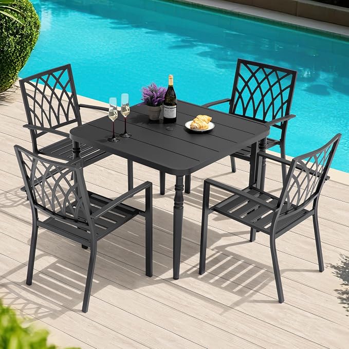 NUU GARDEN 5-Piece Metal Dining Set, 4 Stackable Wide Seat Chairs with 37" Square Table Umbrella Hole, All-Weather Patio Furniture for Backyard Balcony Poolside Lawn Garden,Black