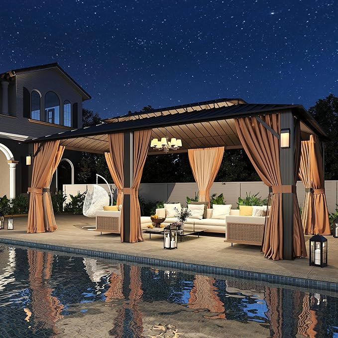 Aoxun 20'x12' Hardtop Gazebo with 4 LED Lights, Outdoor Gazebo with Galvanized Steel Double Roof, Patio Gazebo with Breathable Netting & Privacy Curtain, Decor Hooks for Backyard, Brown