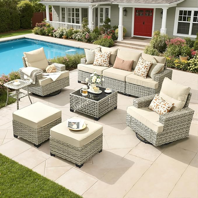 Rattan Patio Furniture Set with Swivel Chairs,9 Pieces Outdoor Sectional with Ottoman Glowing Coffee Table,Out Door Furniture Conversation Set,Beige