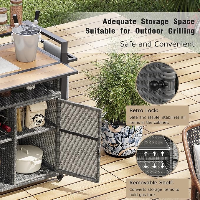 Merax Outdoor Bar Table & Storage Cabinet, Wheels and Drop Leaf Table Top, Patio Bar Table with Raised Shelf for Patio Kitchen or Bar Cart, Grey