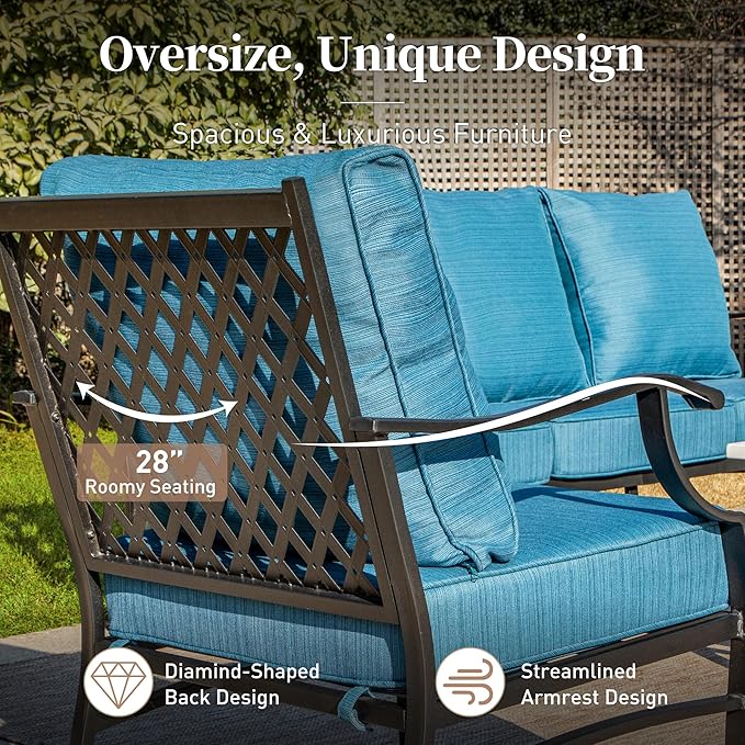 6 Piece Metal Outdoor Patio Furniture Set, Patio Conversation Sets 3-seater Sofa, 2 Swivel Chair, 2 Ottomans with 5.75" Thick Cushion and Coffee Table, Black Backyard Furniture, Blue-2