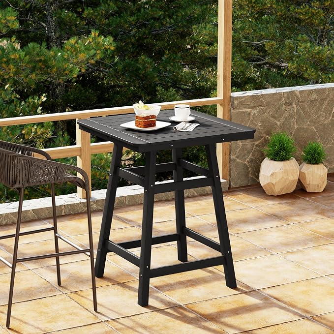 Costaelm Outdoor Bar Table, 37" Counter Height Square Patio Cocktail Bar Table with Umbrella Hole, Patio Bistro Dining Pub Table for Front Porch Deck Backyard Garden, Black