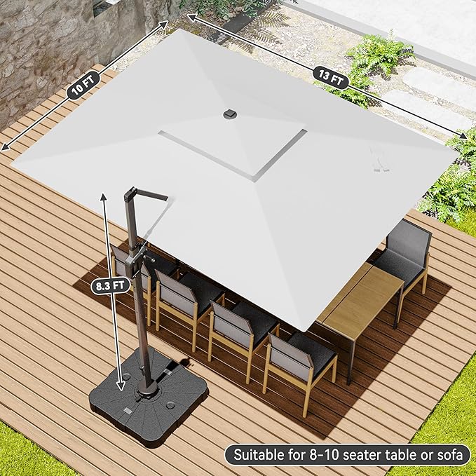 10x13 FT Cantilever Patio Umbrella with Base and Led Lights Double Top Outdoor Rectangular Large Heavy Duty Aluminum Offset Umbrellas with 7 Level Tilt 360-degree Rotation for Pool Garden Deck, Fog Grey