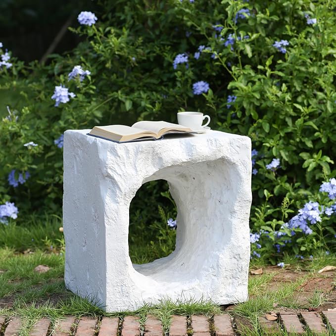 Christopher Knight Home Nataly 17.85" H Small Outdoor Side Table, Cubic Carved Garden Stool with Swirl Patterns, Lightweight Concrete End Table, Patio Decorative Home Stool for Balcony Backyard, White