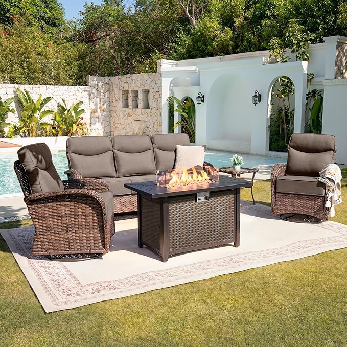 Belord Upgraded 6“ Cushion Luxury 5 Piece Patio Furniture Set with Fire Pit Table - Outdoor Furniture Set with High Back Swivel Rocker Patio Chairs, Conversation Set for Deck Porch Yard - Brown/Grey
