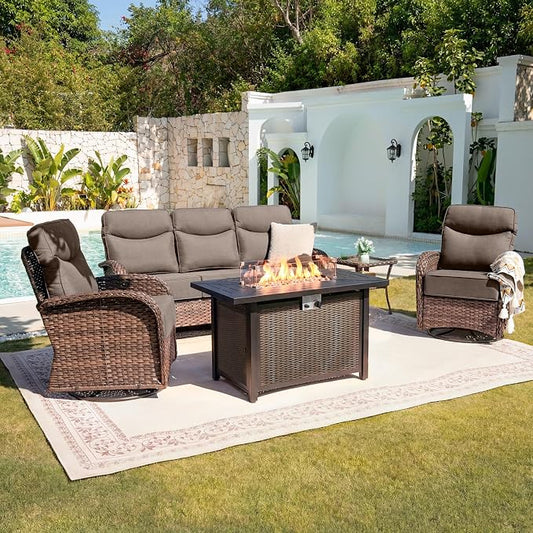 Belord Upgraded 6“ Cushion Luxury 5 Piece Patio Furniture Set with Fire Pit Table - Outdoor Furniture Set with High Back Swivel Rocker Patio Chairs, Conversation Set for Deck Porch Yard - Brown/Grey