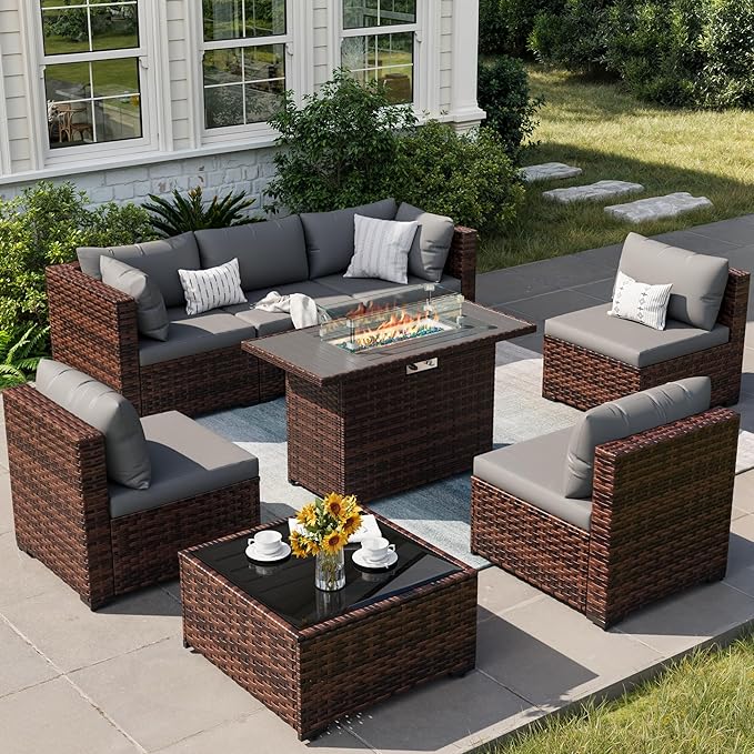 8 Piece Patio Furniture Set with 44" Fire Pit Table, Outdoor Sectional Wicker Rattan Sofa Set with Coffee Table (Grey/Brown)