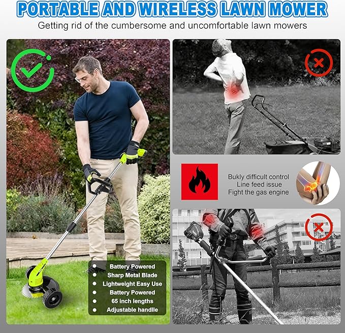Electric Weed Wacker Cordless, 12V Battery Powered Weed Eater Cordless with 65inch Adjustable Pole, Lightweight (3.72lbs) Grass Trimmer Cutter/Edger/Mower with 2 Types Blade for Yard Lawn and Garden