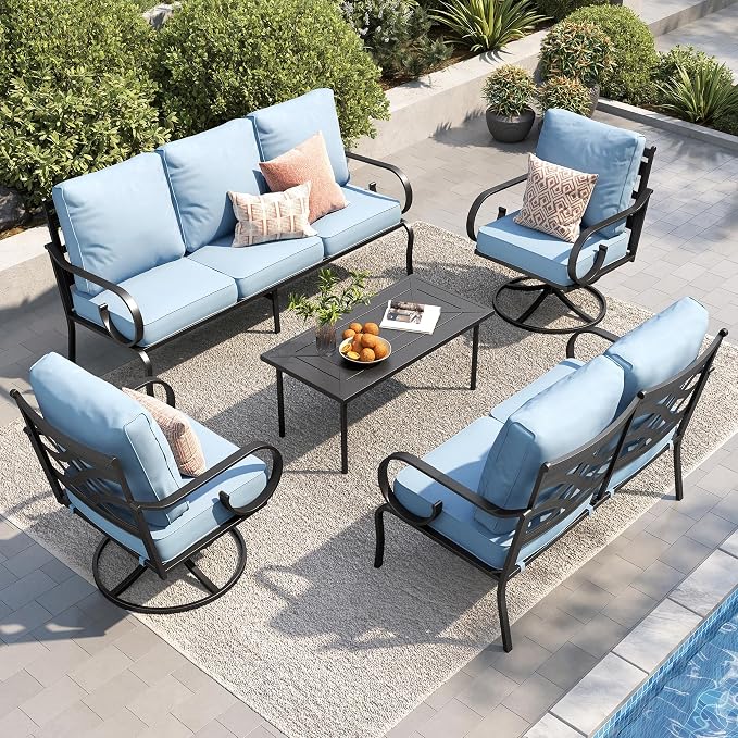 PHI VILLA Patio Furniture Set, a Loveseat, 3-Seater Sofa, 2 Swivel Chairs and a Coffee Table, Outdoor Metal Conversation Set with 5.75" Extra Thick Cushion for Garden Backyard Deck, Blue