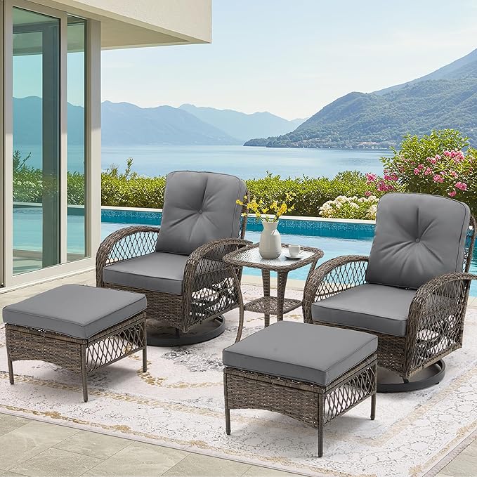 EROMMY 5 Pieces Outdoor Swivel Rocker Patio Chairs, 360 Degree Rocking Patio Conversation Set with Thickened Cushions, Glass Coffee Table and Ottomans for Backyard, Gray