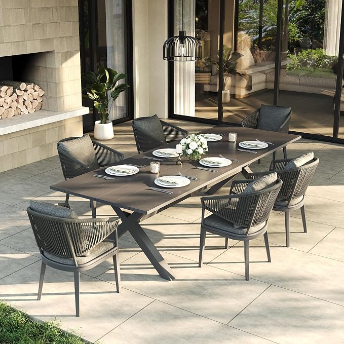 LayinSun 7 Piece Outdoor Dining Table Set, Aluminum Modern Rectangular Dining Table and All-Weather Wicker Chairs Set for Patio Deck Indoor Decor Kitchen