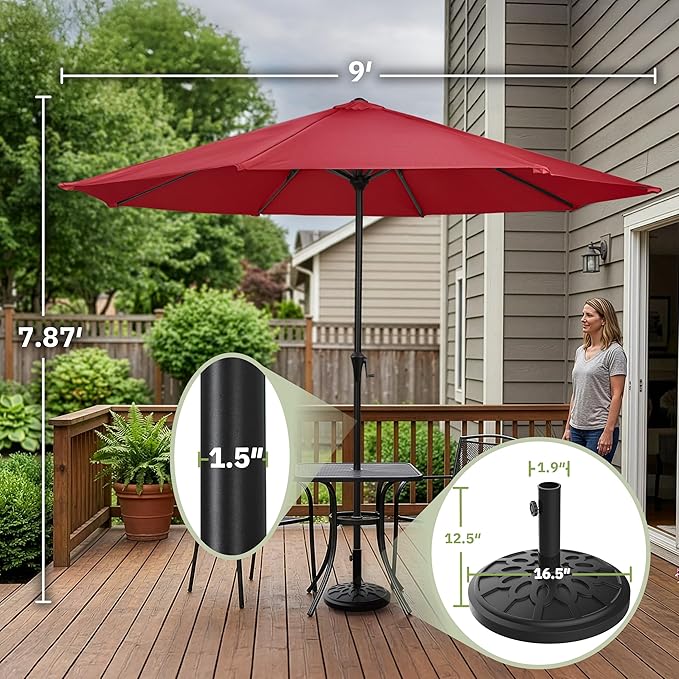 Pure Garden 9FT Round Patio Umbrella with 19lb Weighted Base - Easy Crank, Vented Canopy Outdoor Umbrella for Shade - for Deck, Balcony, Porch, Backyard, or Pool (Maroon Red)