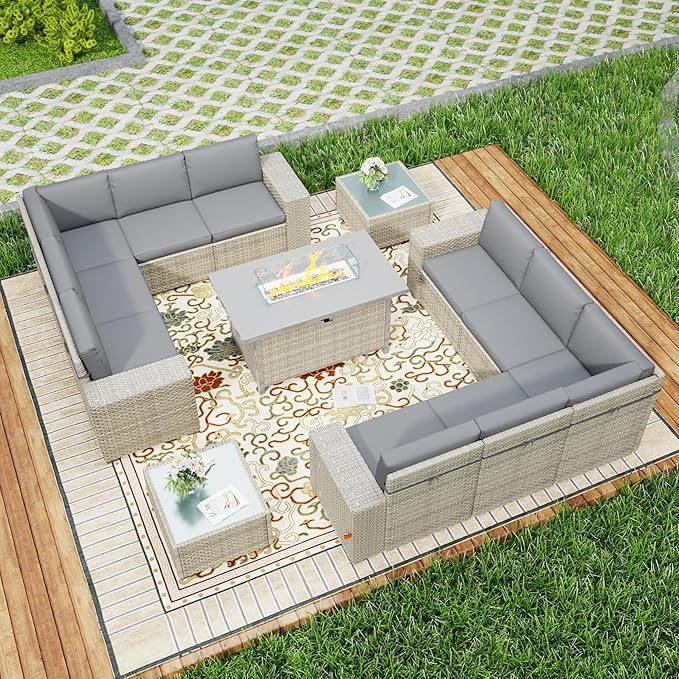 13 Piece Patio Furniture Set, 8" Wide Arm Sectional Sofa Set with 50000 BTU Propane Fire Pit Table & Coffee Table, Rattan Outdoor Conversation Set for Garden, Porch, Lawn, Gray