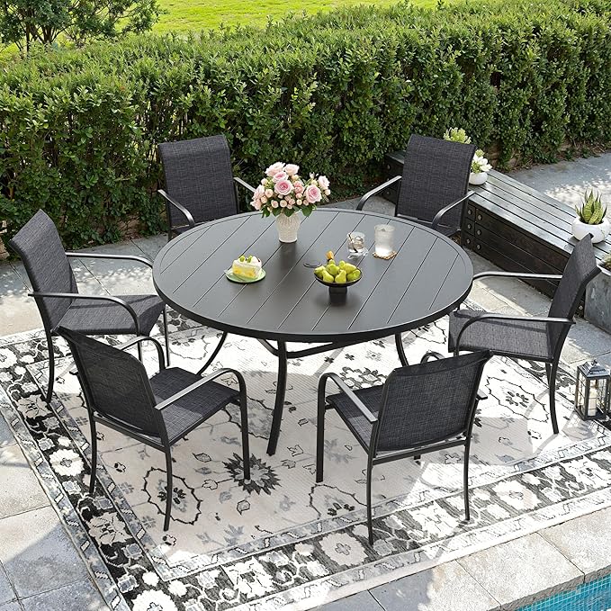 DIFY Patio Dining Set for 6, 7 Piece Outdoor Table and Chairs Set, 50" Black Round Metal Patio Dining Table and 6 Grey Textilene Stackable Patio Chairs, for Backyard Garden Poolside