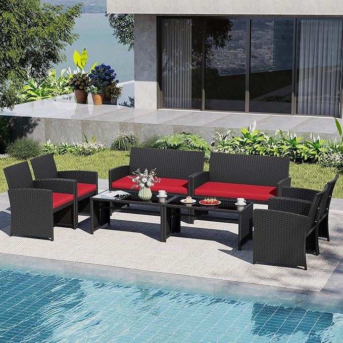 Tangkula 8 Pieces Patio Wicker Furniture Set, Outdoor Heavy Duty Rattan Cushioned Chairs, Loveseat and Tempered Glass Coffee Table, for Backyard, Balcony, Poolside
