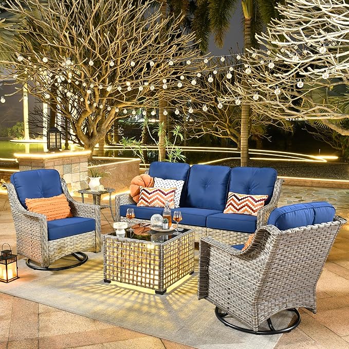 ovios 5 Piece Outdoor Patio Furniture with 3 Seat Sofa,Rattan Wicker Coversation Set with Swivel Rocking Chair,Balcony Sofa Set with Shiny Table for Outside Porch Backyard Pool, Navy Blue