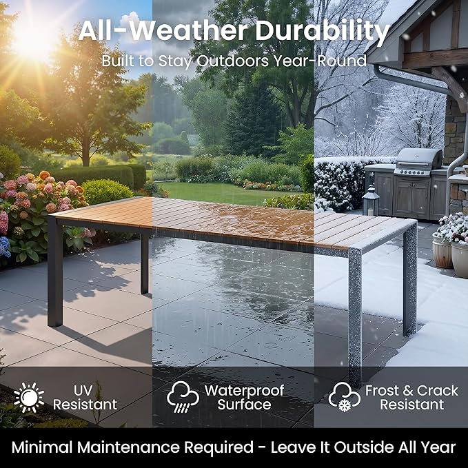 Crestlive Products 95" Outdoor Dining Table for 10, Aluminum Patio Dining Table with Umbrella Hole Weather-Resistant Rectangle Outside Table for Garden Backyard Deck, Brown